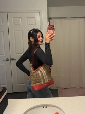 Coach Signature Monogram Canvas Red Leather Shoulder Bag Purse Style 19918